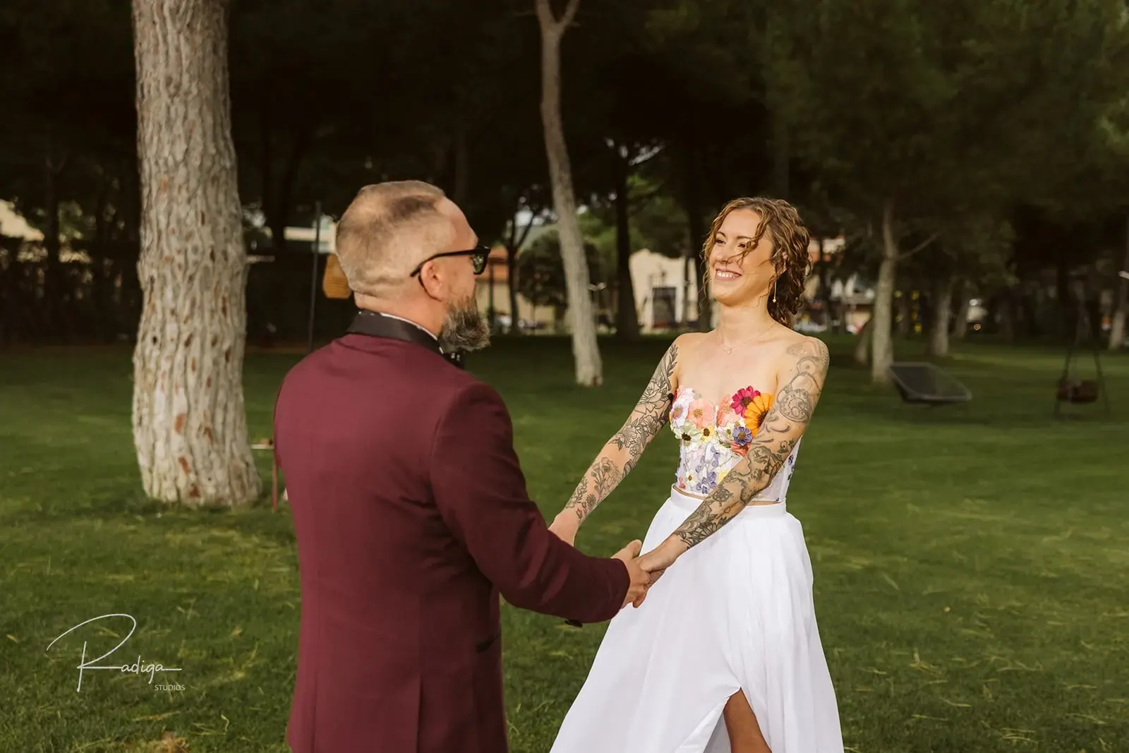 The groom turns around and sees the bride for the first time