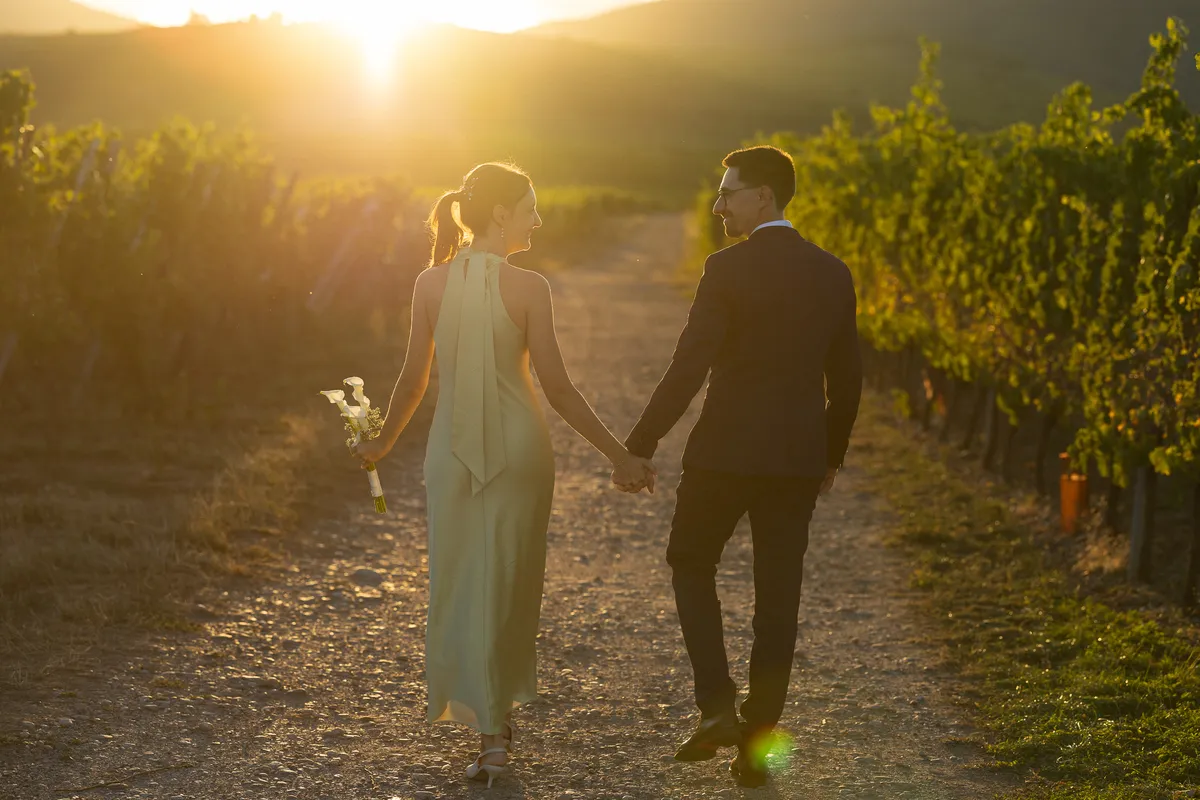 Víctor y Sandra de la mano por un camino entre viñedos alsacianos durante la preboda, a contraluz