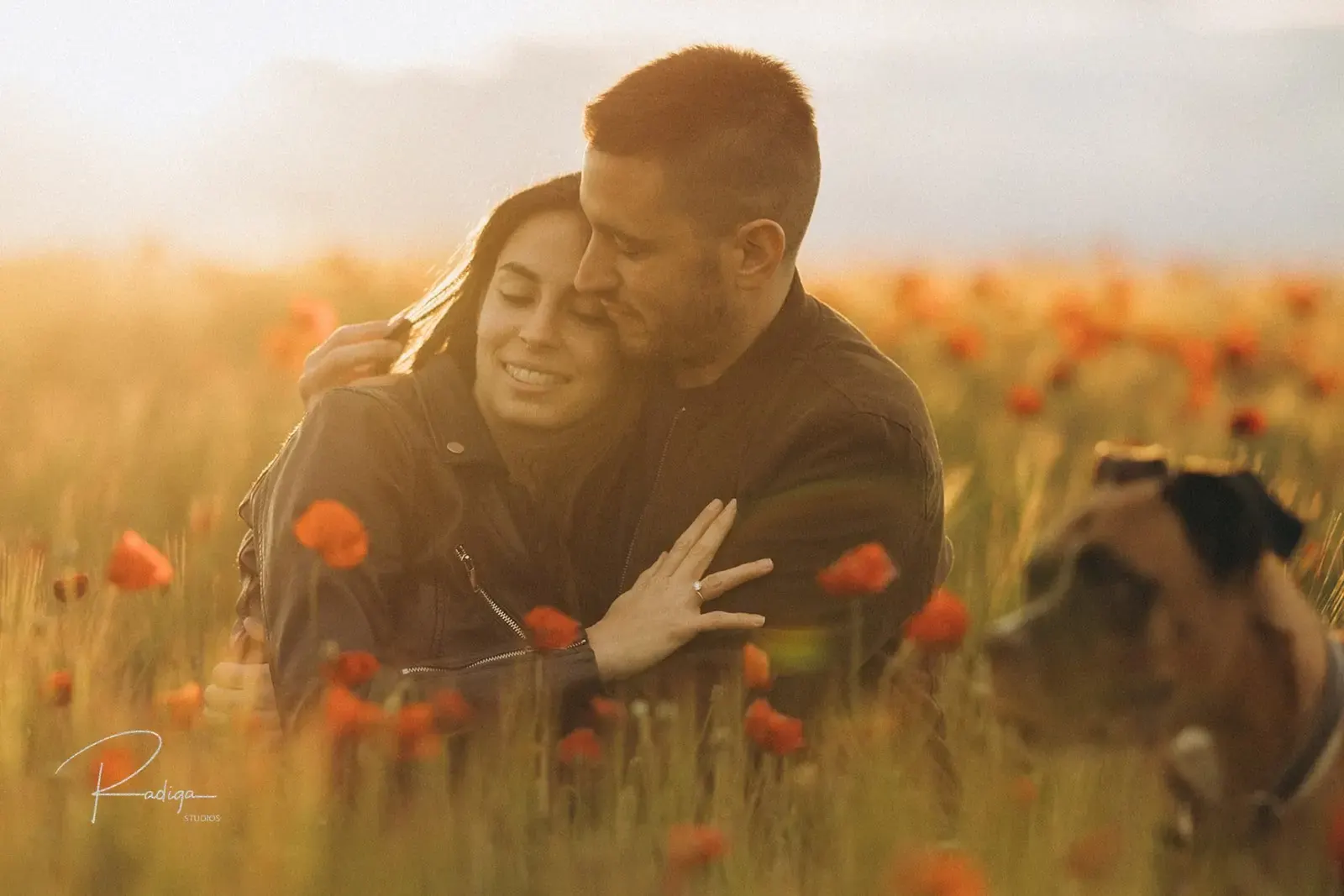 La pareja y su perro entre las amapolas con la luz del atardecer